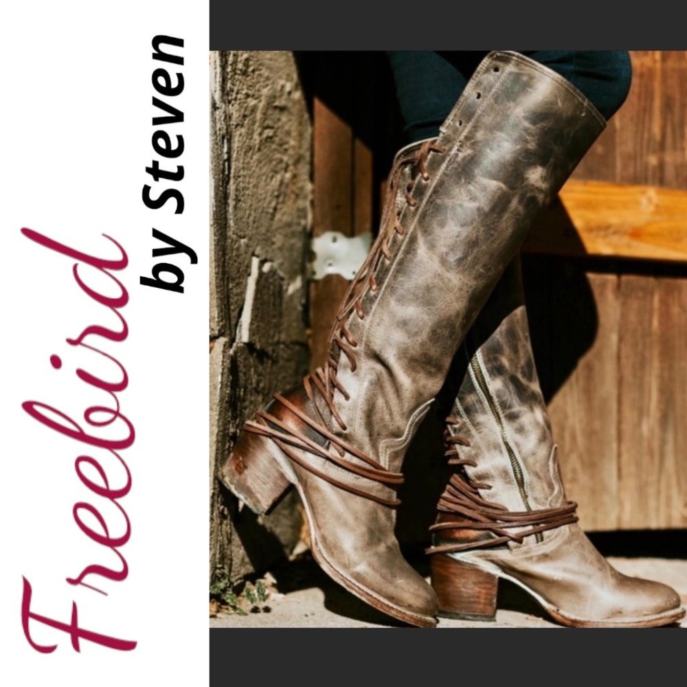 FREEBIRD BY STEVEN Coal Tall Knee High Leather Lace Up Boots Stone Gray, Size 11